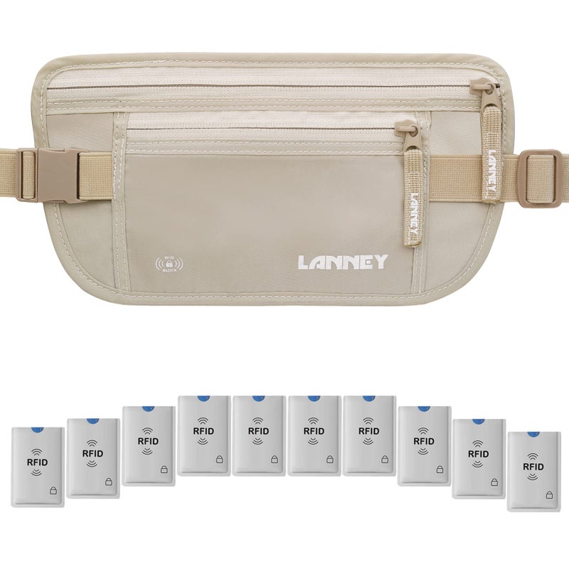 LANNEY Travel Money Belt for Men Women RFID Blocking Concealed Waist Wallet Pouch Hidden Under Clothes Passport Holder Antitheft Waist Stash Bag for Travelling, Bonus 10 Credit Card Sleeves, Cream - Image 1